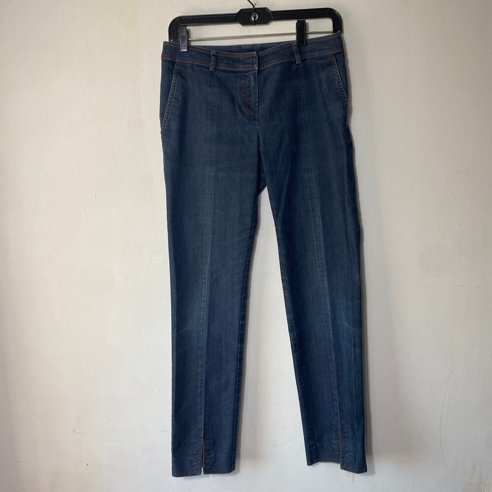 St. John Denim Jeans Sz 2 Tapered Leg Front Slit Quiet Luxury Designer Old Money